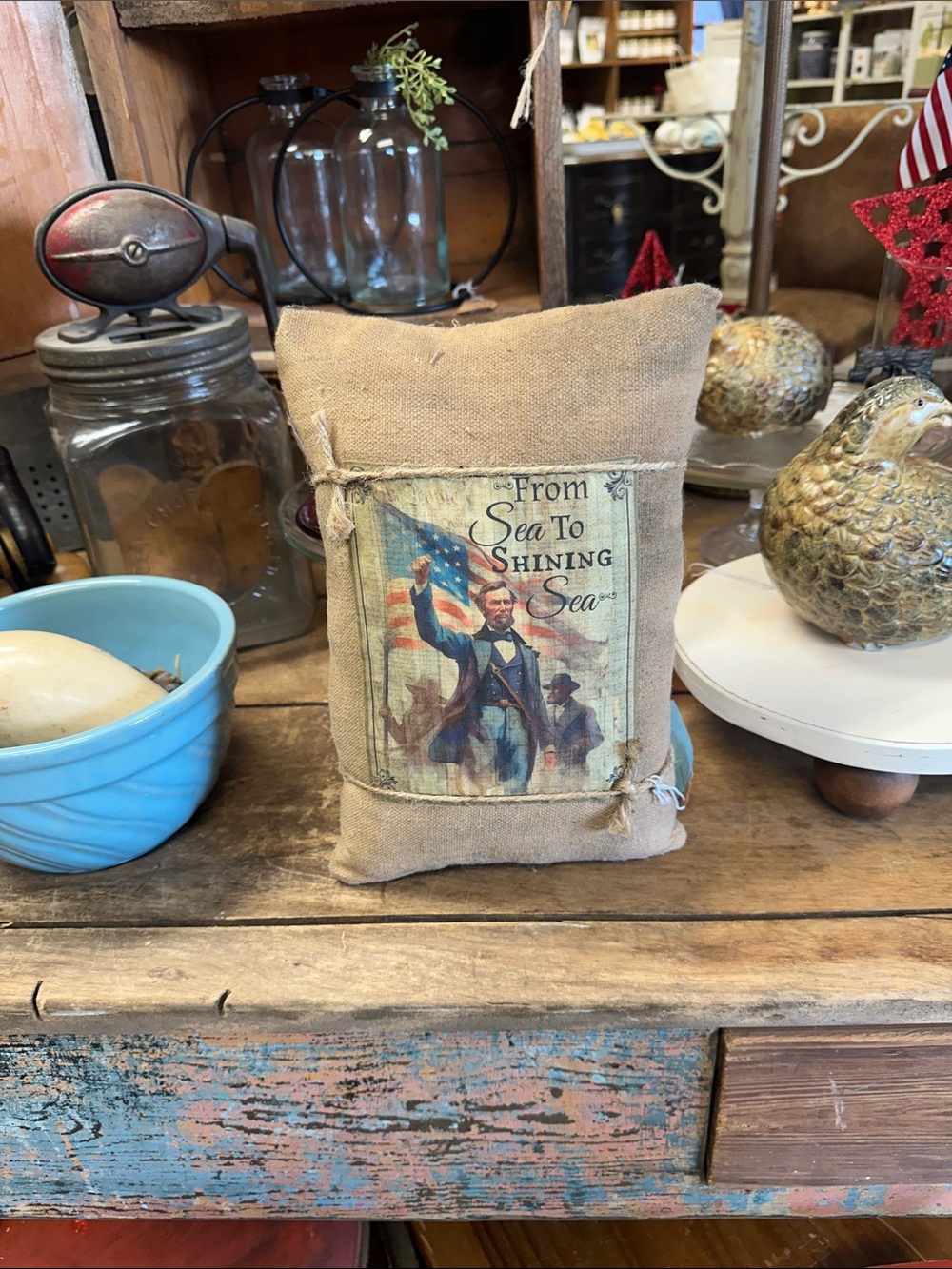 Grungy Patriotic Burlap Pillow with Lincoln holding a Vintage Flag .